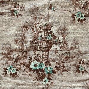 vintage 40s 50s barkcloth scenic floral garden landscape
